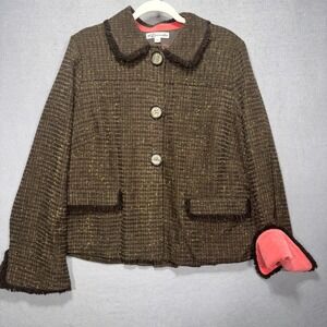 VTG Bushwacker Womens Tweed Jacket Coral Lining Fringe Trim Blazer XL Statement